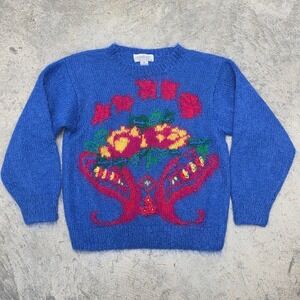 Vintage Lauren Cole Petites Blue Mohair Acrylic Floral Sweater Size Small